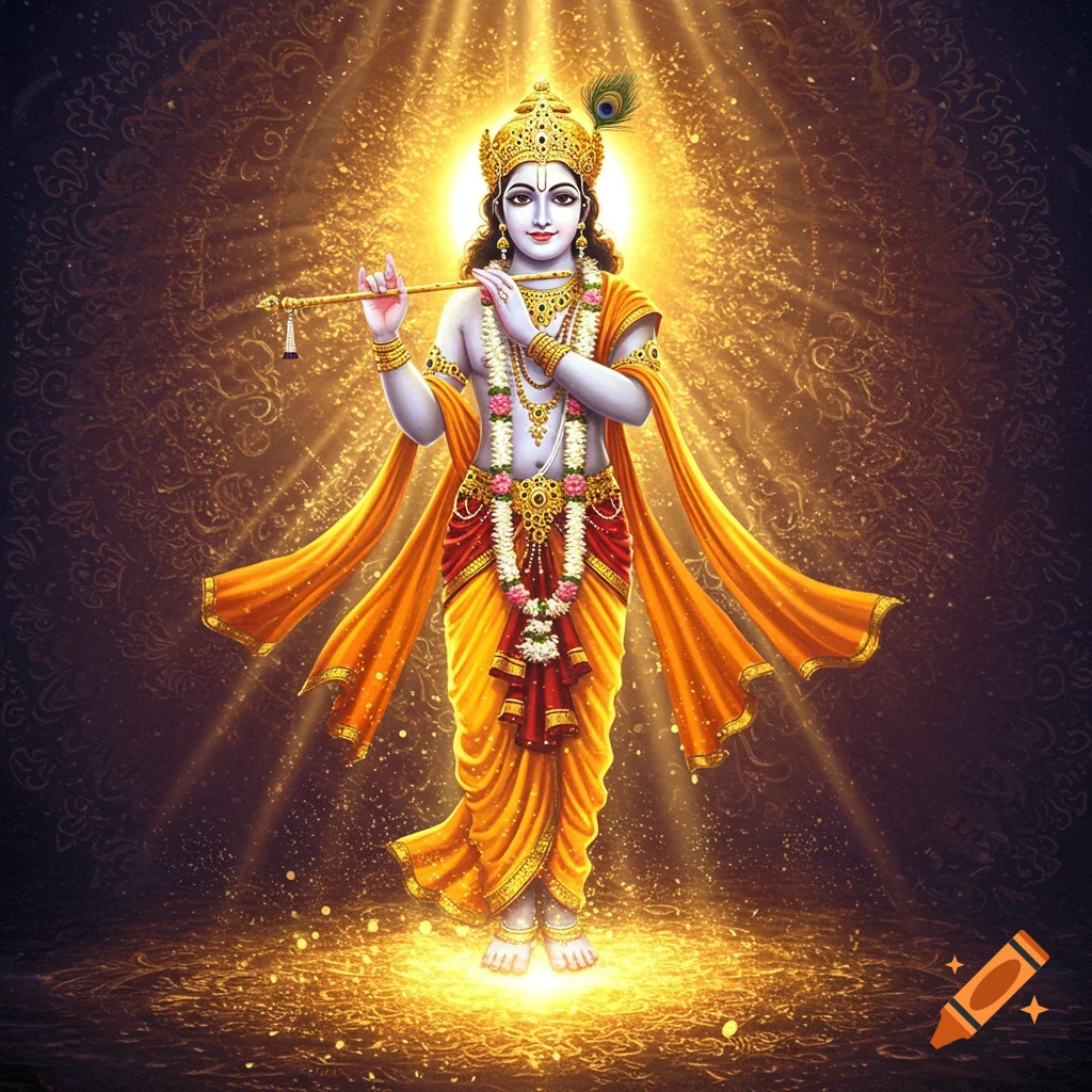 Lord Krishna playing a flute, glowing in brilliant golden divine light, in an ethereal devotional art style.