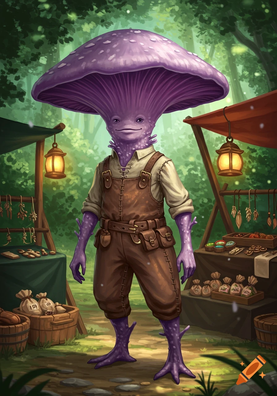 An anthropomorphic purple mushroom creature with a wide cap wears brown overalls while standing at a forest market stall, surrounded by goods.