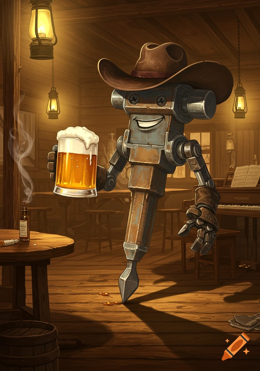 An anthropomorphic jackhammer wearing a cowboy hat in an old saloon holds up a frothy beer stein, with smoke rising from a bottle on a nearby table.
