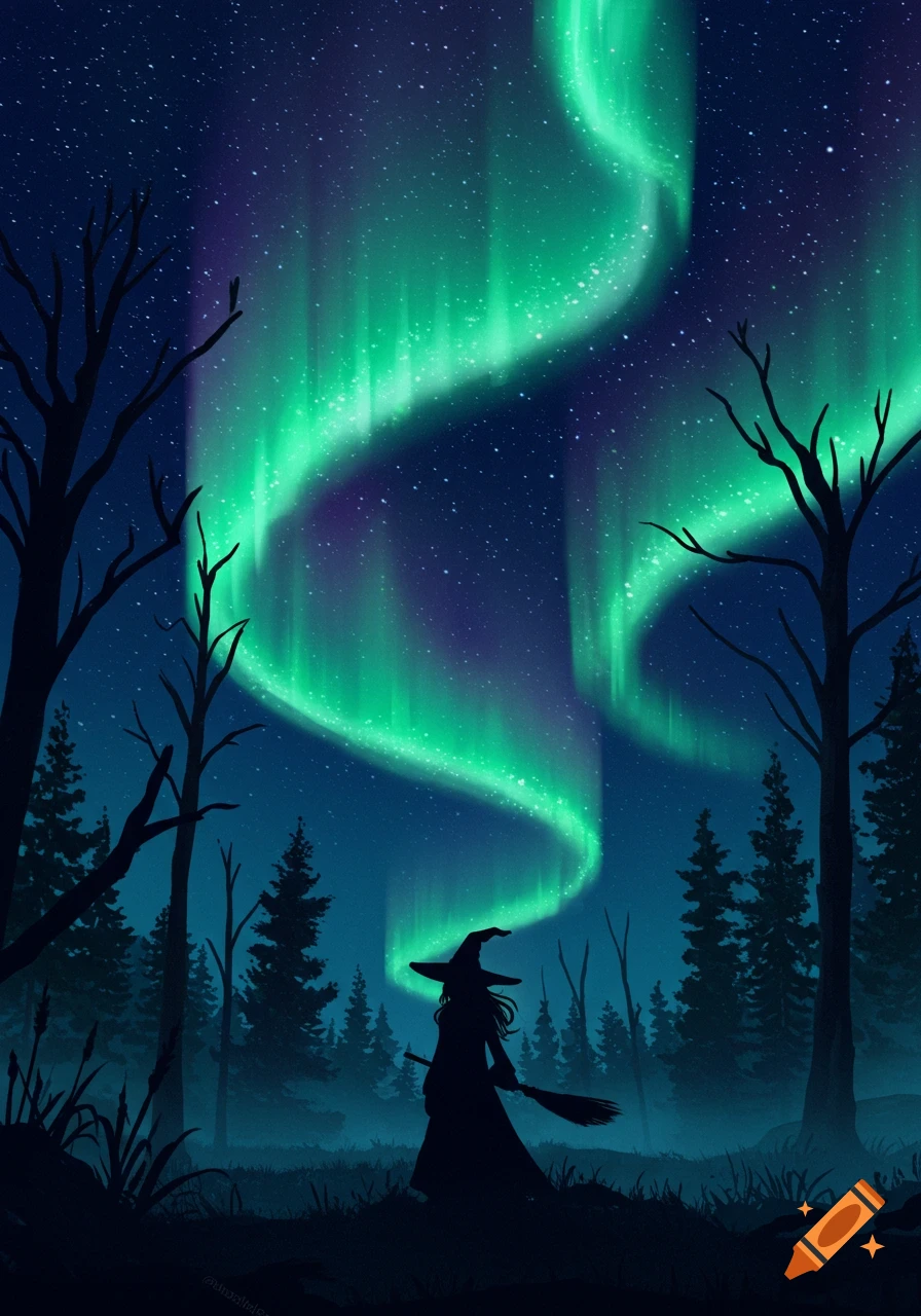 A silhouette of a witch holding a broomstick in a forest under a starry night sky with vibrant green northern lights.