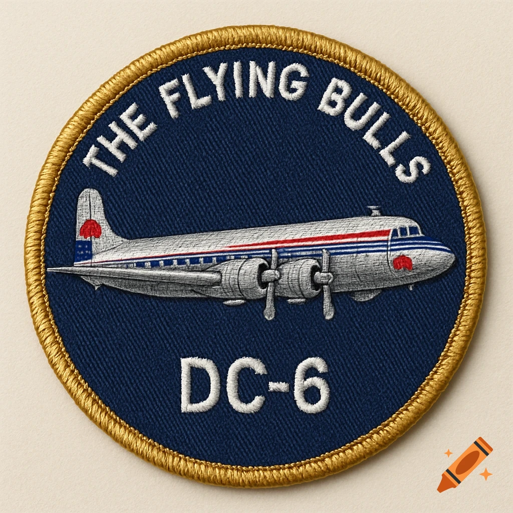 A round embroidered patch depicting a silver DC-6 airplane with red, white, and blue stripes, 'THE FLYING BULLS' text above, 'DC-6' text below, on a dark blue background with a gold border.
