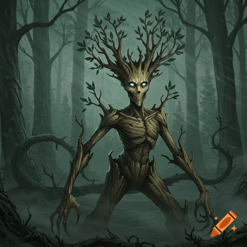A gaunt, scary tree-human hybrid monster with glowing eyes and branches for hair stands in a dark, misty forest.