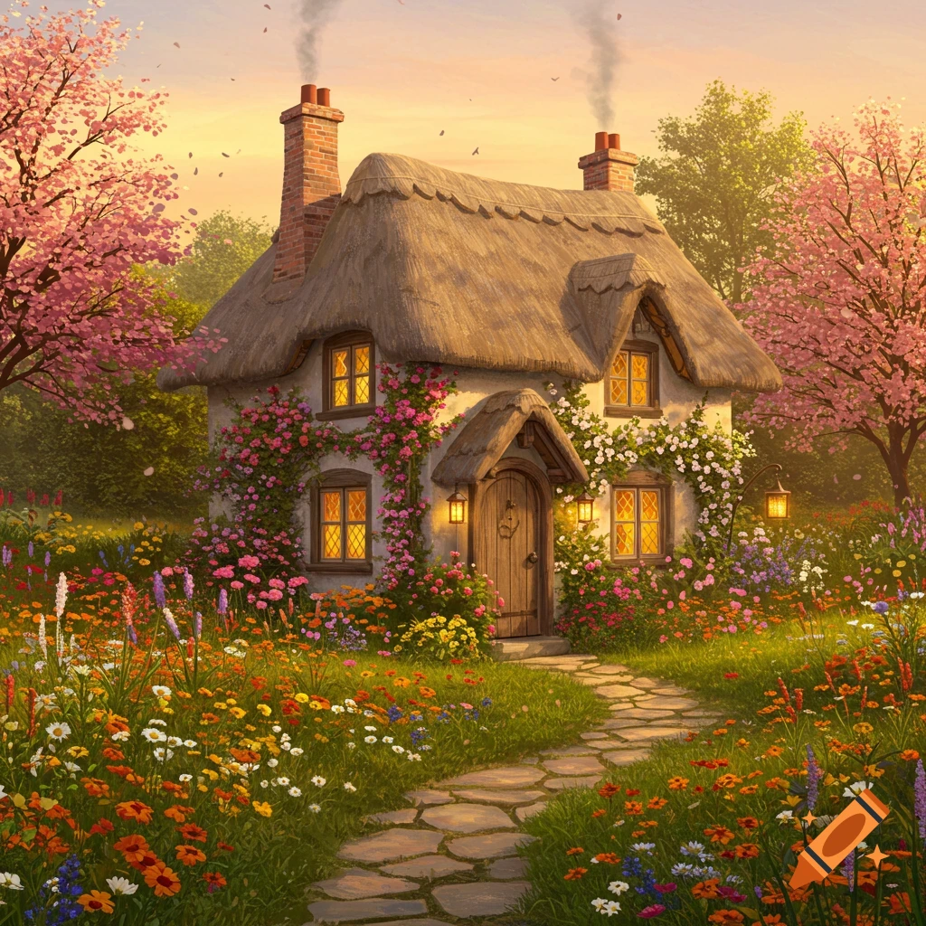 A whimsical thatched-roof cottage nestled in a vibrant wildflower garden with cherry blossom trees at sunset, with a stone path leading to the door.