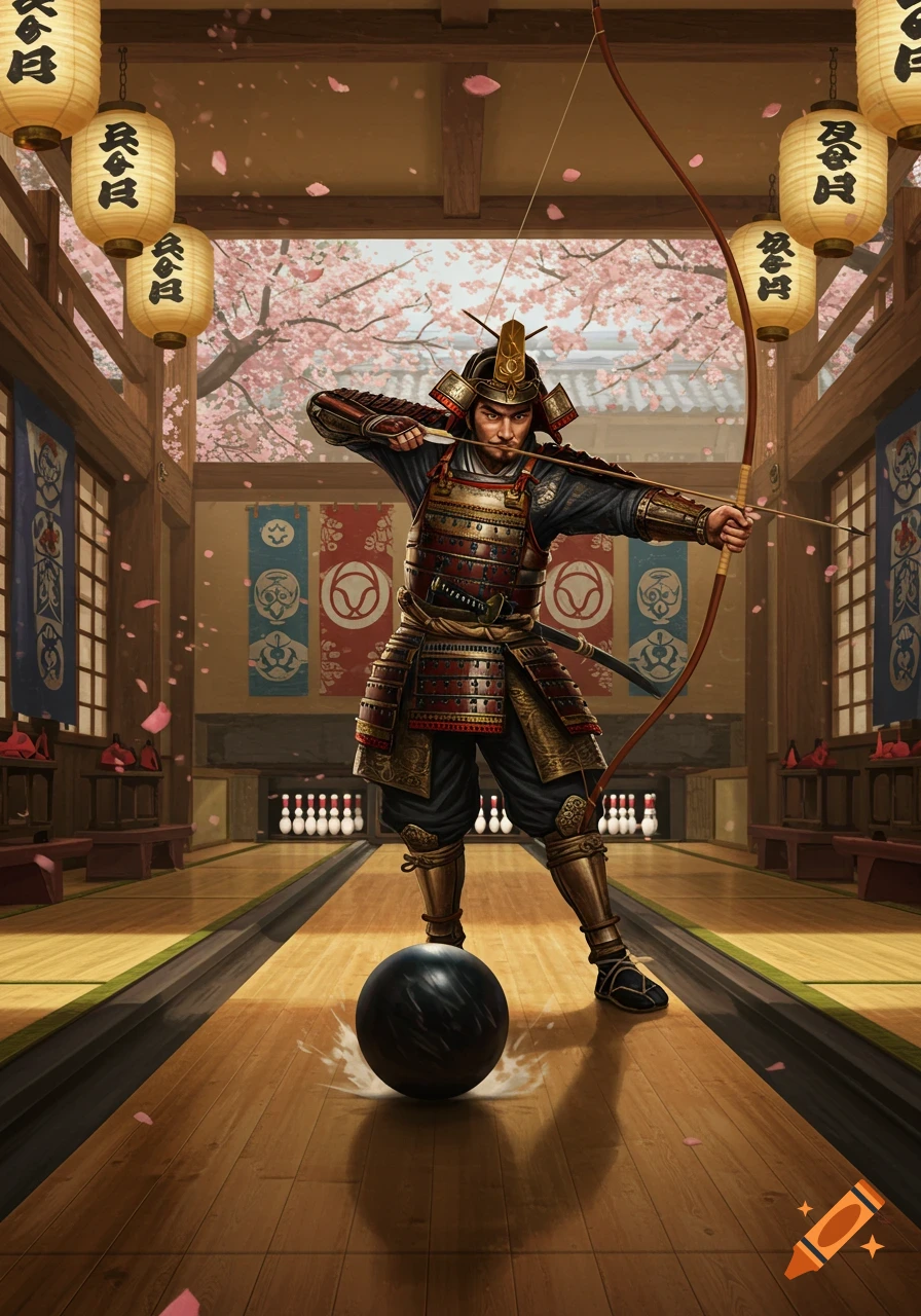 A samurai in armor aims a bow and arrow on a bowling lane with pins, a ball, cherry blossoms, and lanterns.