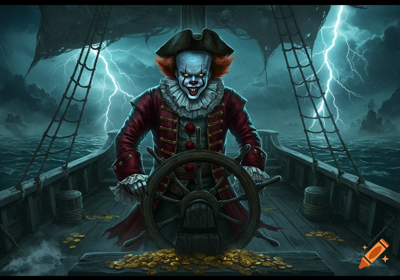 Pennywise the clown as a pirate steers a ship in a stormy sea with lightning. Gold coins are scattered on the deck.