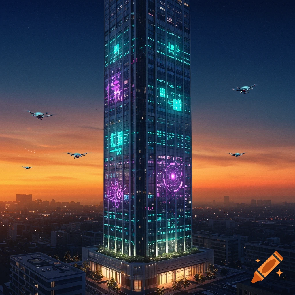 Futuristic skyscraper with glowing digital patterns and drones flying at sunset over a city.