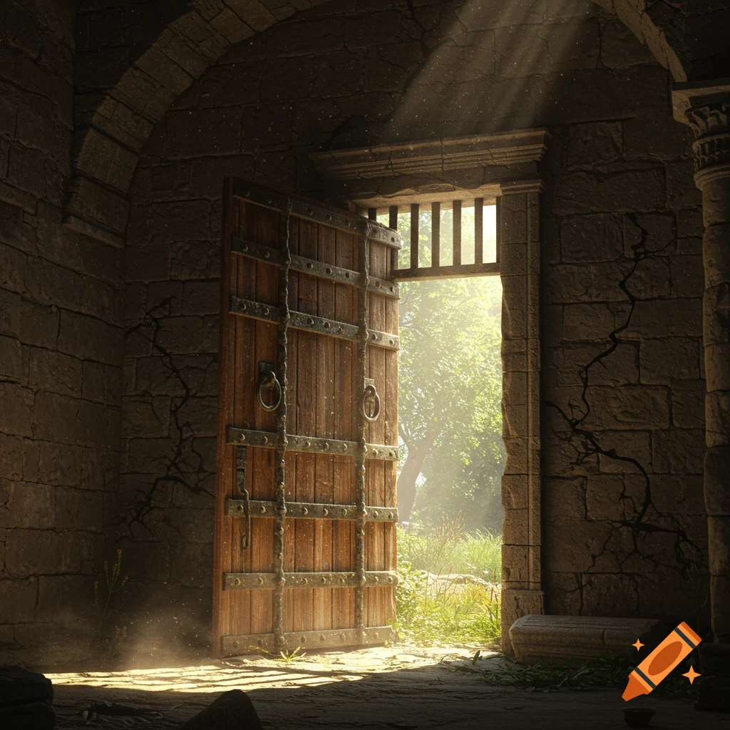Sunlight streams through an ancient stone archway with a heavy wooden prison door ajar, revealing a lush outdoor scene.