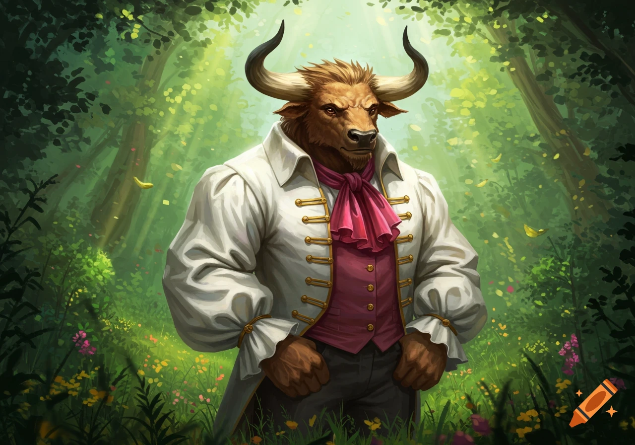 A flamboyant Minotaur wearing a puffy white shirt with gold buttons and a pink ascot stands in a bright, green forest.