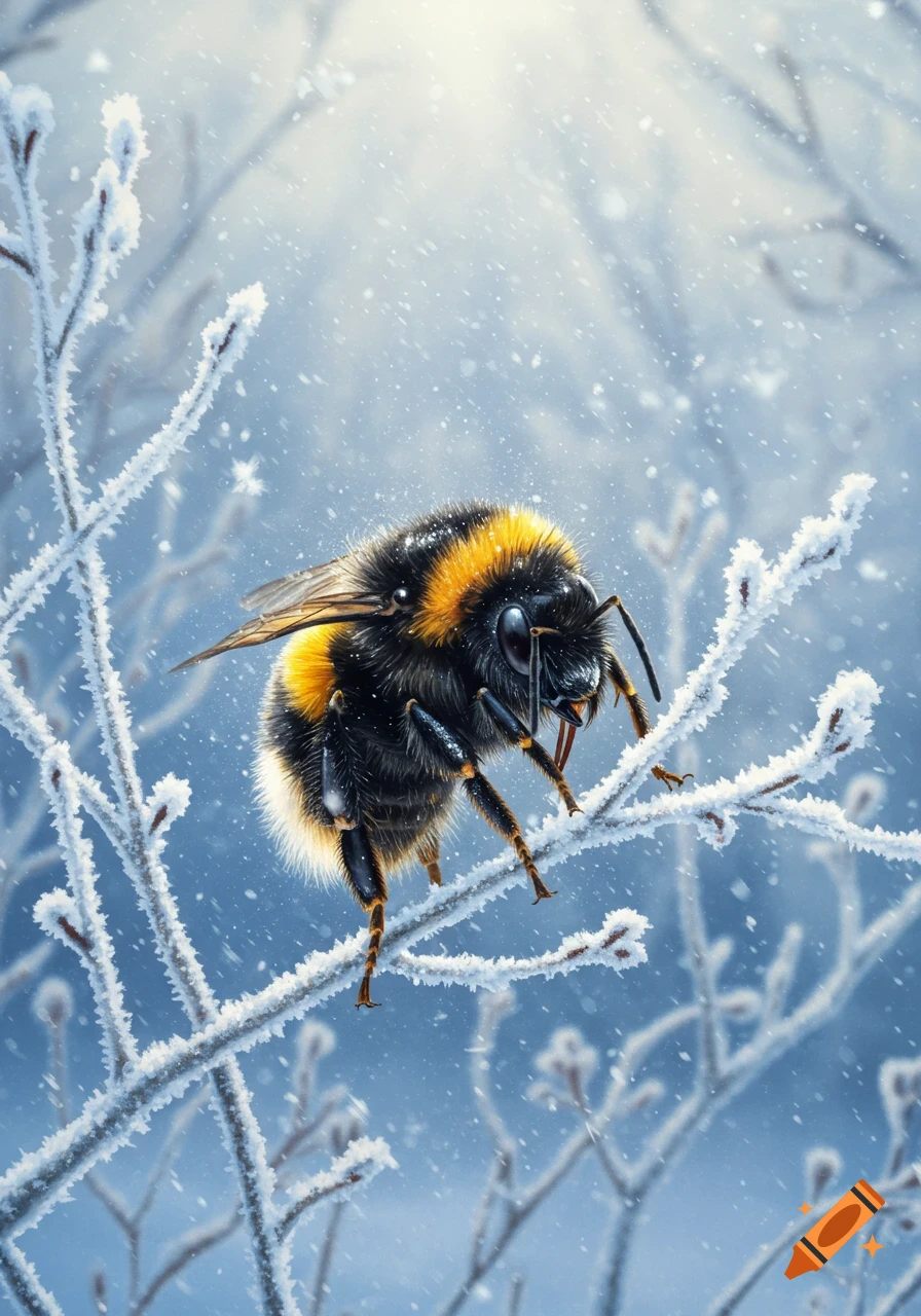 A photorealistic bumblebee with black and yellow stripes perches on frosty branches as snow falls in a winter landscape.
