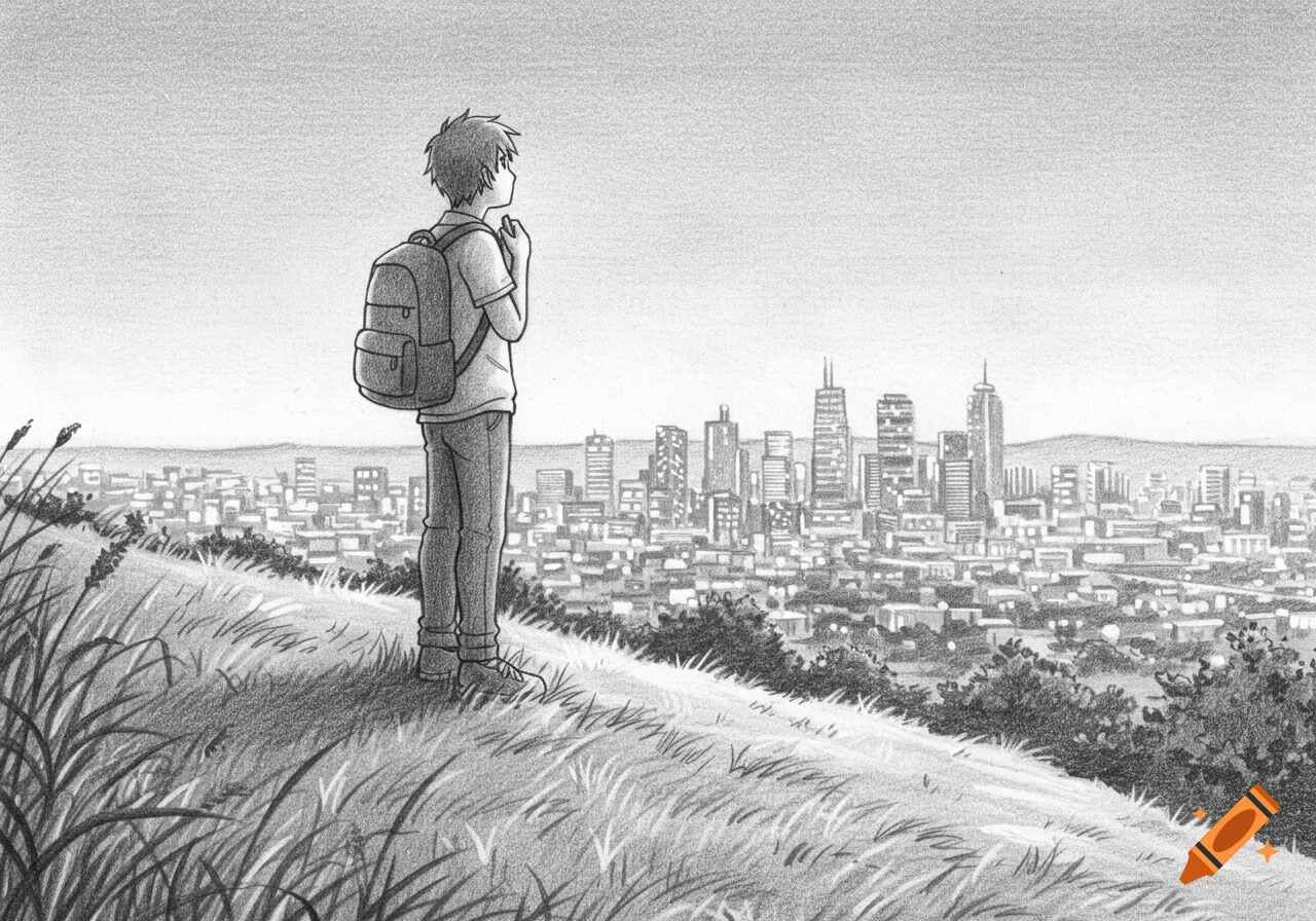 Pencil drawing of a student with a backpack standing on a grassy hill, overlooking a modern city skyline.
