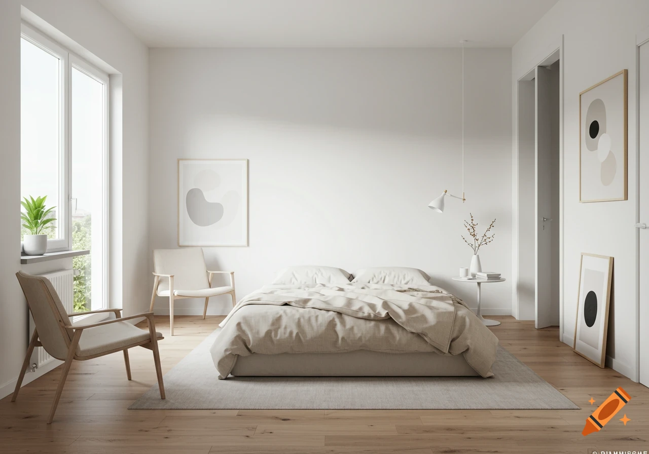 A bright, minimalist bedroom with a large window, a bed with light beige linen, two wooden chairs, and abstract art on white walls.