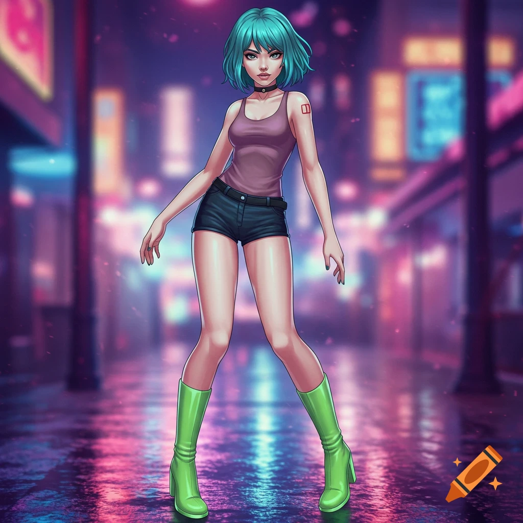 An anime-style woman with teal hair, a mauve tank top, black shorts, and lime green boots stands on a neon-lit cyberpunk street.
