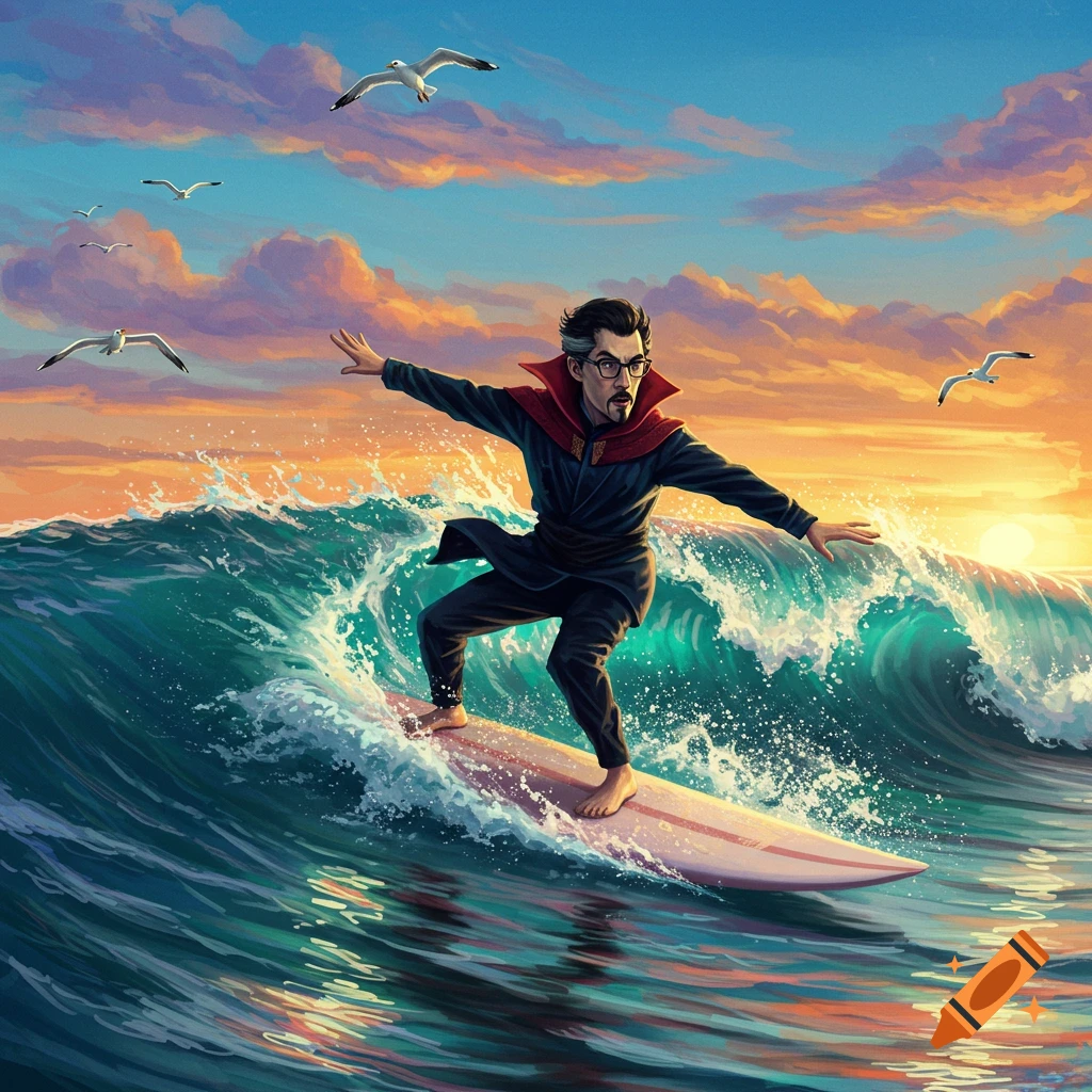 A stylized illustration of a Dr. Strange-like character surfing a large wave at sunset, with gulls flying overhead.