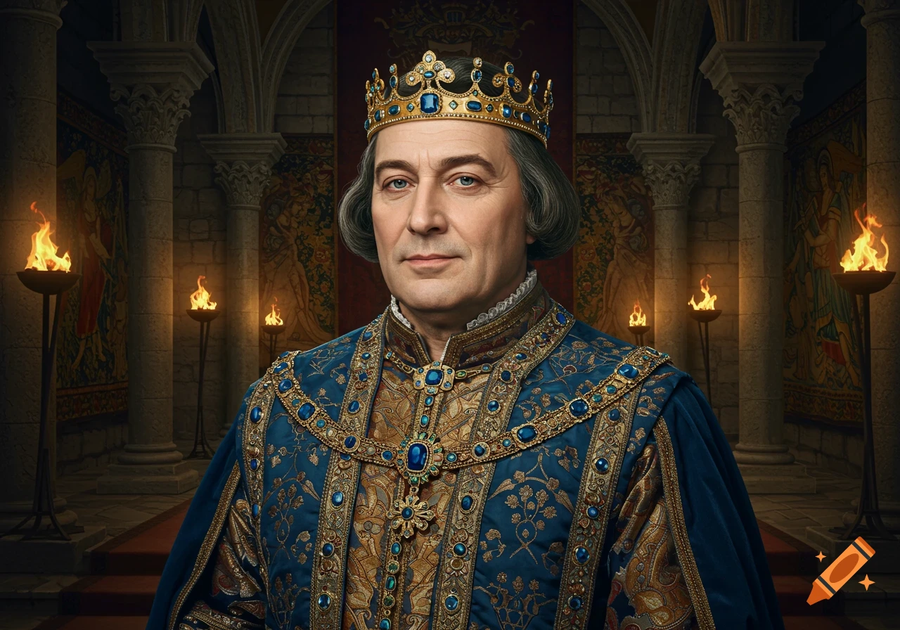 Regal portrait of a king in a golden crown and ornate blue robe, set in a medieval castle.
