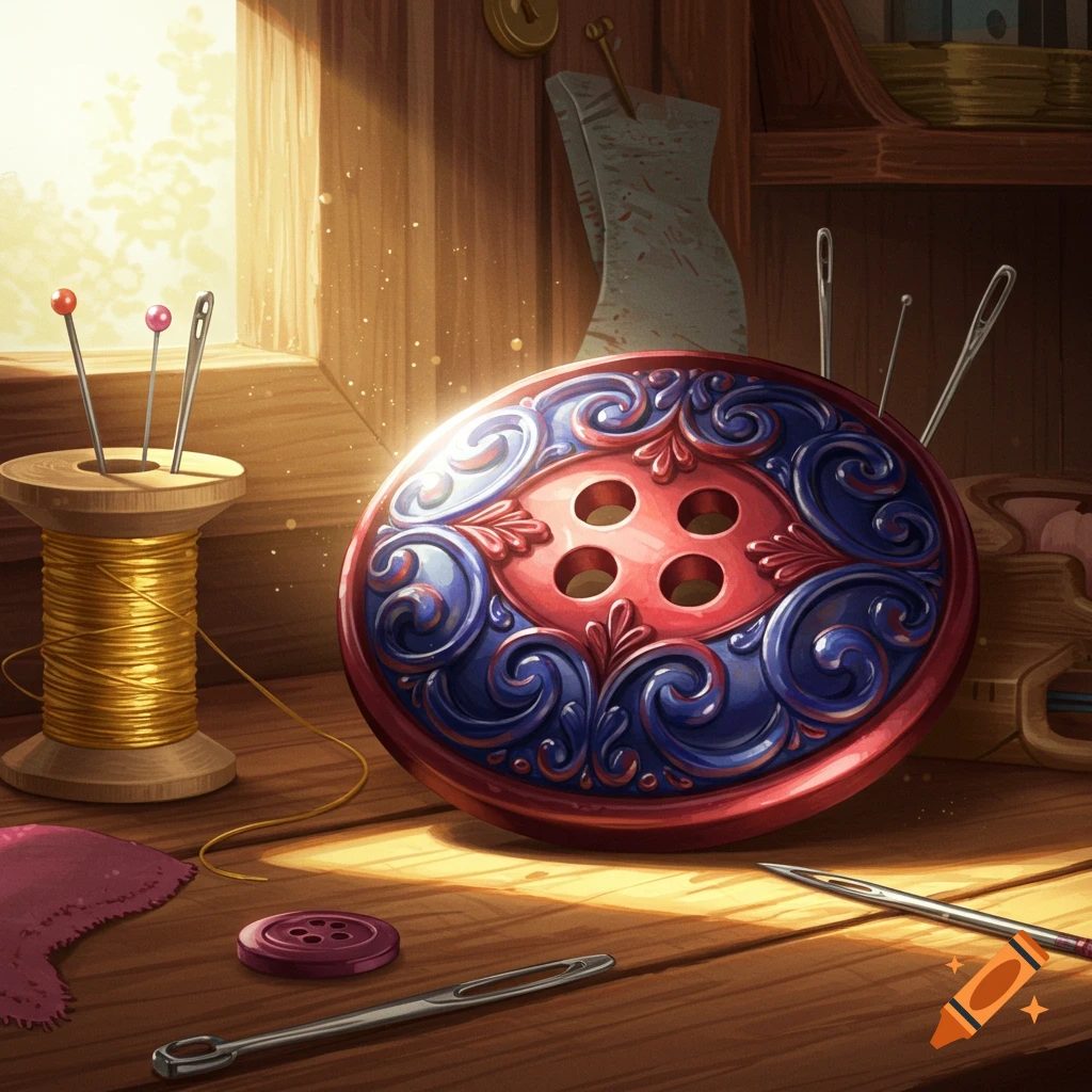 A vibrant, ornate red and blue button on a wooden table with a spool of gold thread, pins, and needles, bathed in sunlight.