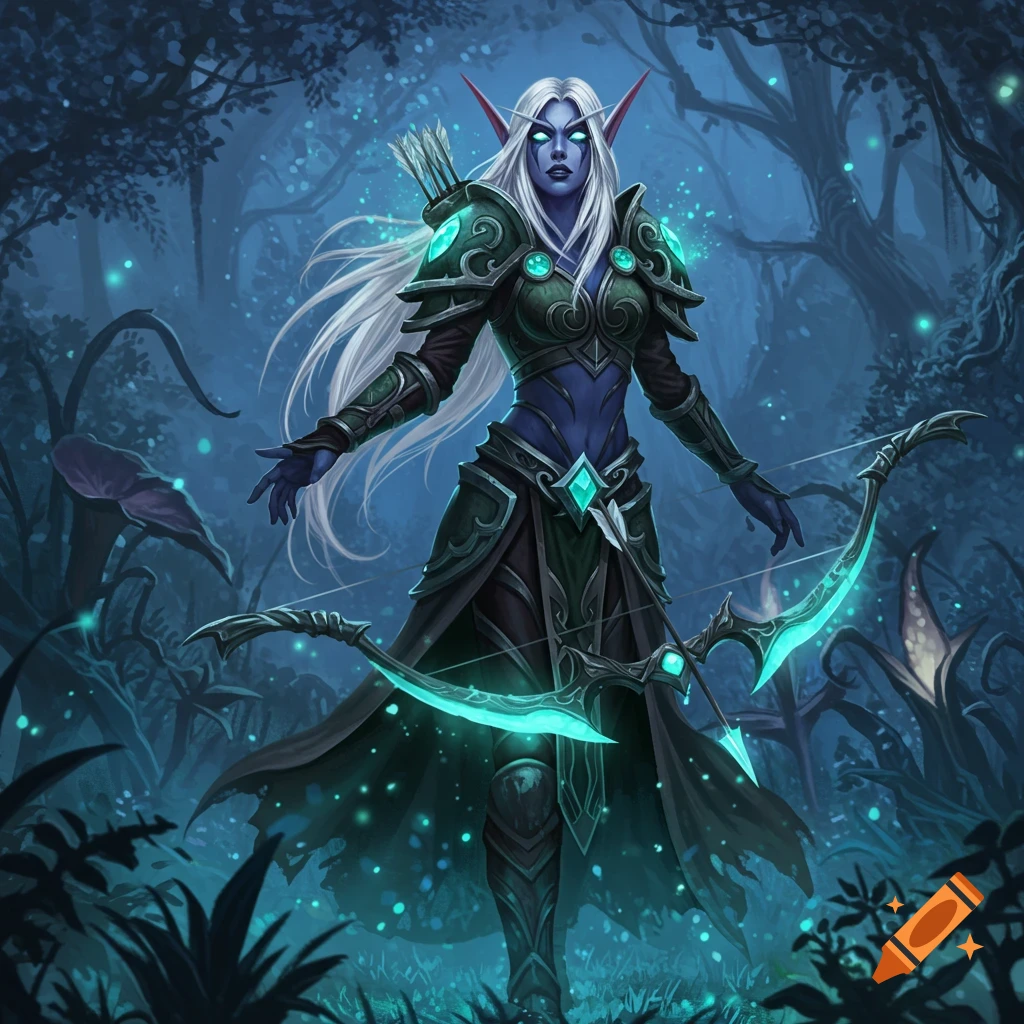 A white-haired female night elf archer with blue skin and glowing eyes stands in a dark fantasy forest, holding a glowing bow.