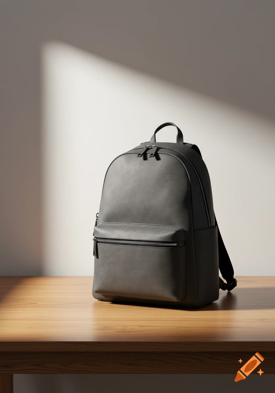 A dark grey minimalist backpack with zippers stands on a wooden table against a light wall with shadows, photorealistic.