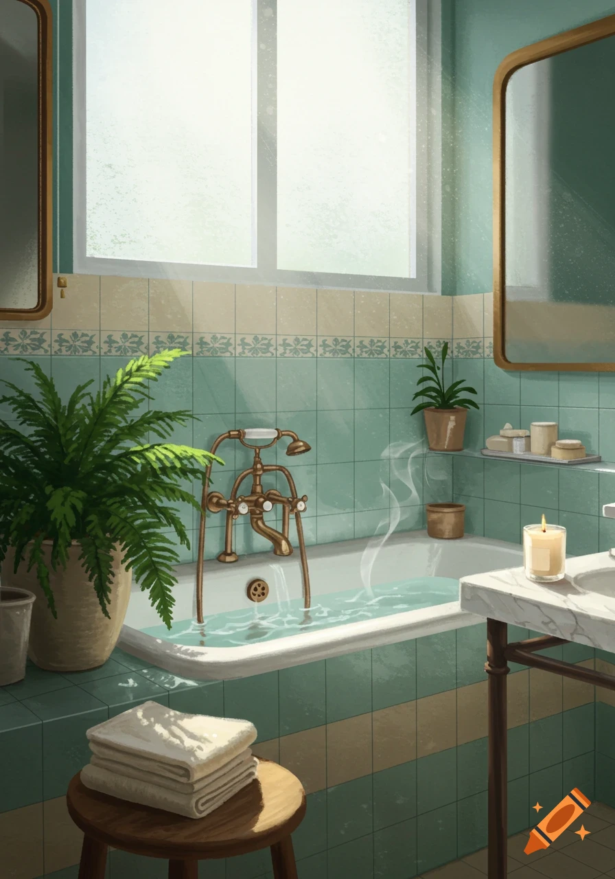 Cozy, well-lit bathroom with a running bath, fern, stacked towels, and a lit candle, in an illustrated style.