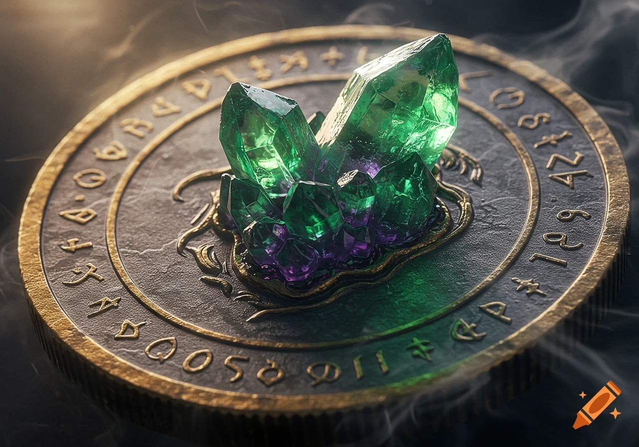 Close-up of a dark, ornate coin with glowing green and purple crystals emerging from its center. Intricate runes are inscribed around the coin's edge.