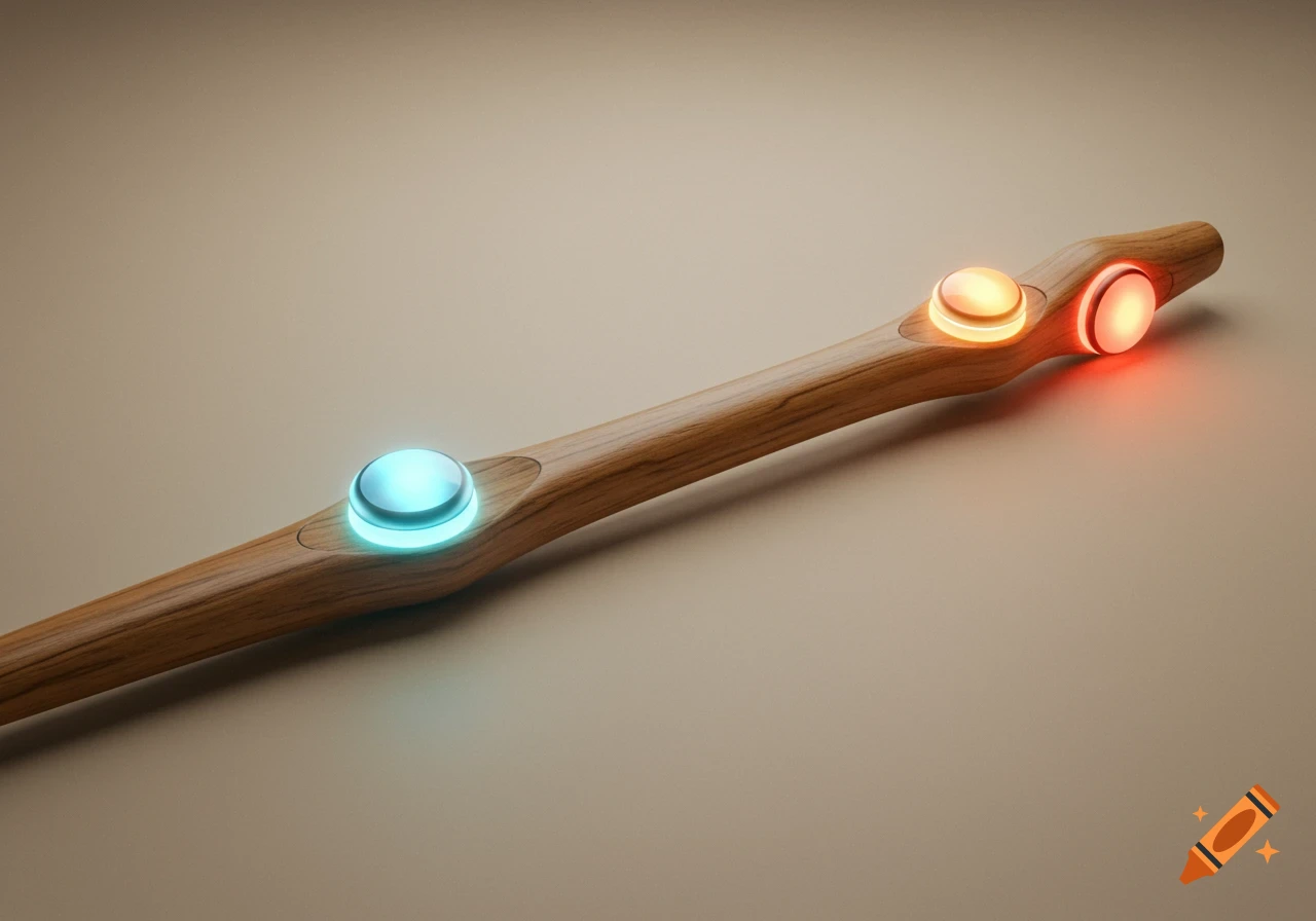 A smooth, light brown wooden stick with three glowing, translucent buttons embedded along its length: one bright blue, one soft orange, and one vibrant red.
