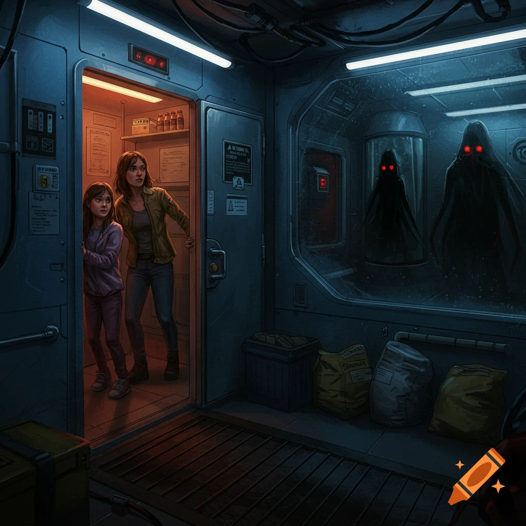 Two scared people, a woman and a girl, peer out of a brightly lit doorway into a dark, futuristic spaceship corridor with two shadowy figures with red eyes contained behind glass.