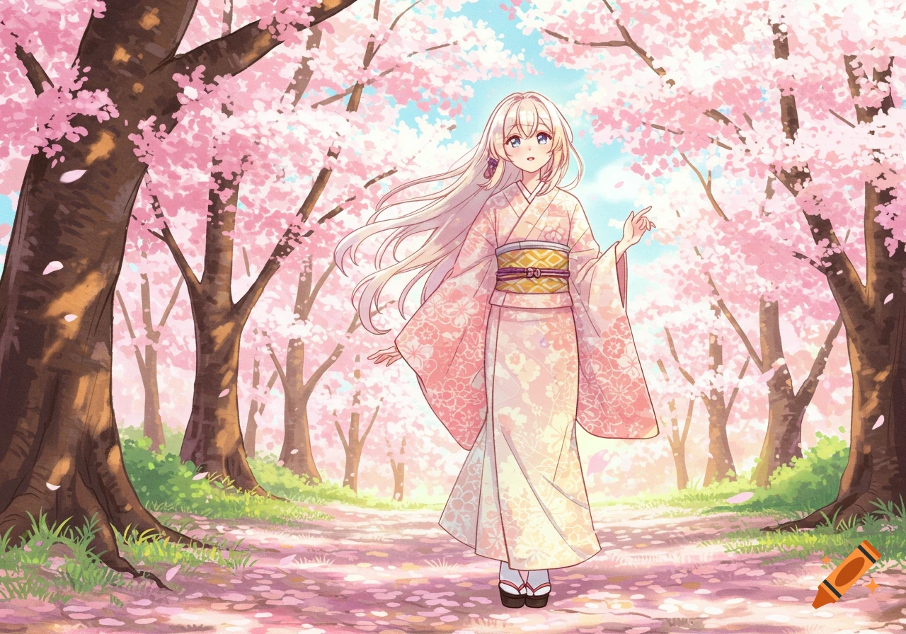 An anime girl with long blonde hair in a pink kimono stands on a path amidst blooming cherry blossom trees.