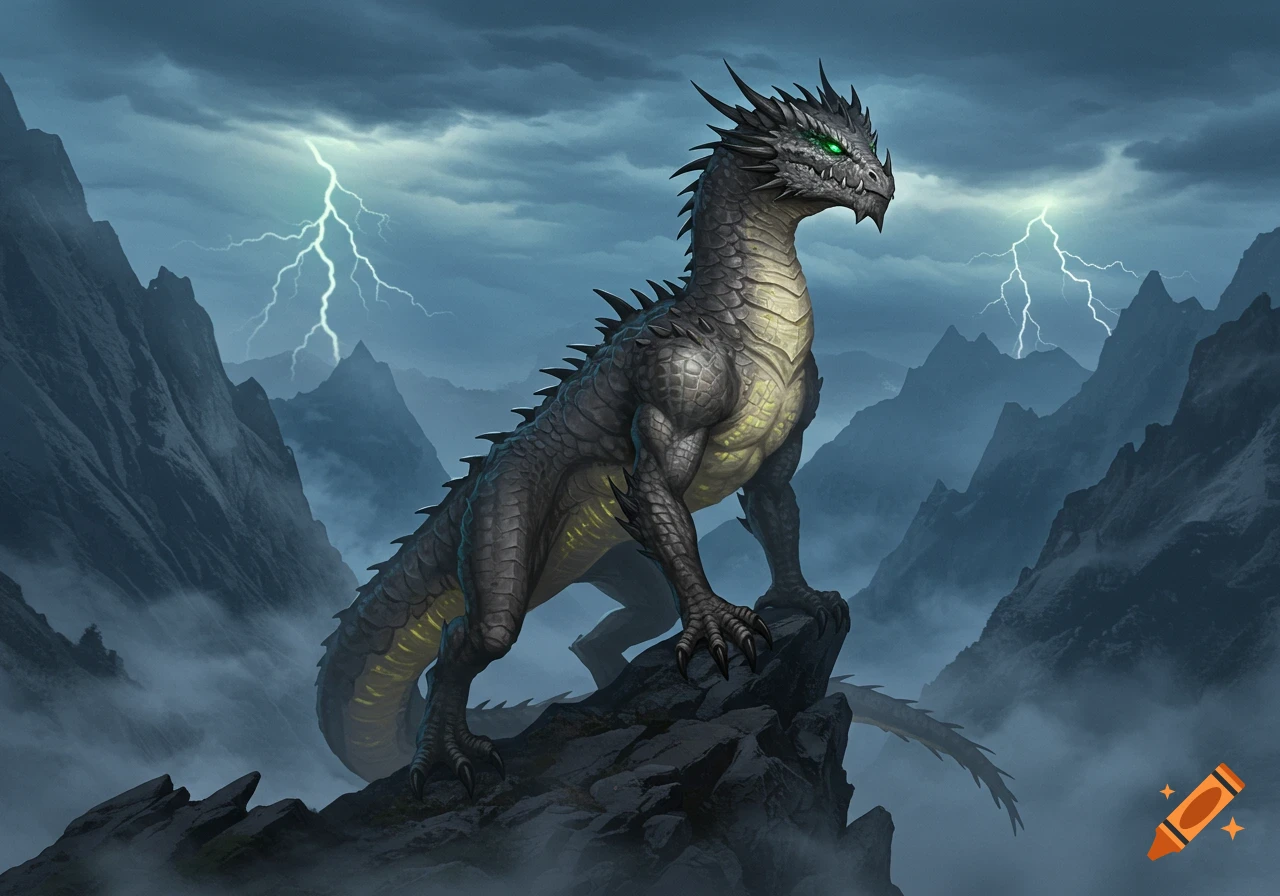 A majestic grey dragon with green eyes and spikes stands on a rock in a stormy mountain landscape with lightning.