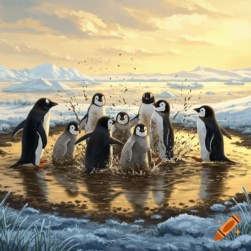 Eight penguins splash and play in a muddy puddle, surrounded by snowy terrain under a golden sky.