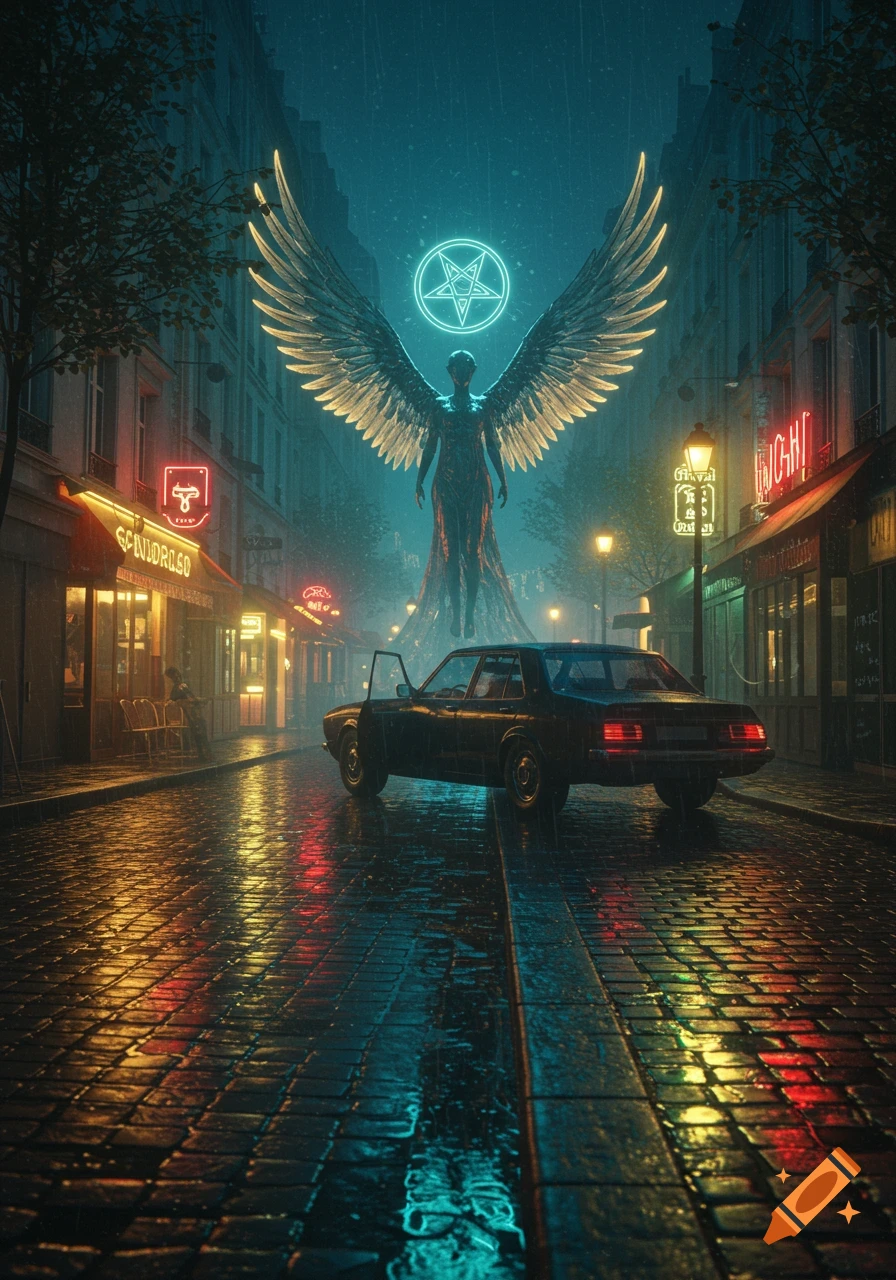 A moody digital painting of a rainy Parisian street at night, with neon reflections on wet cobblestones, a dark sedan, and a glowing winged figure under a pentagram symbol.