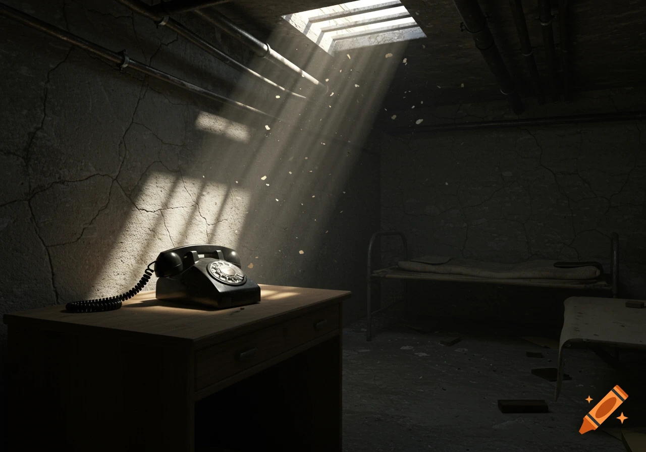 Photorealistic dark, dusty, liminal basement with a black rotary phone on a desk and a cot, illuminated by light from a high window.