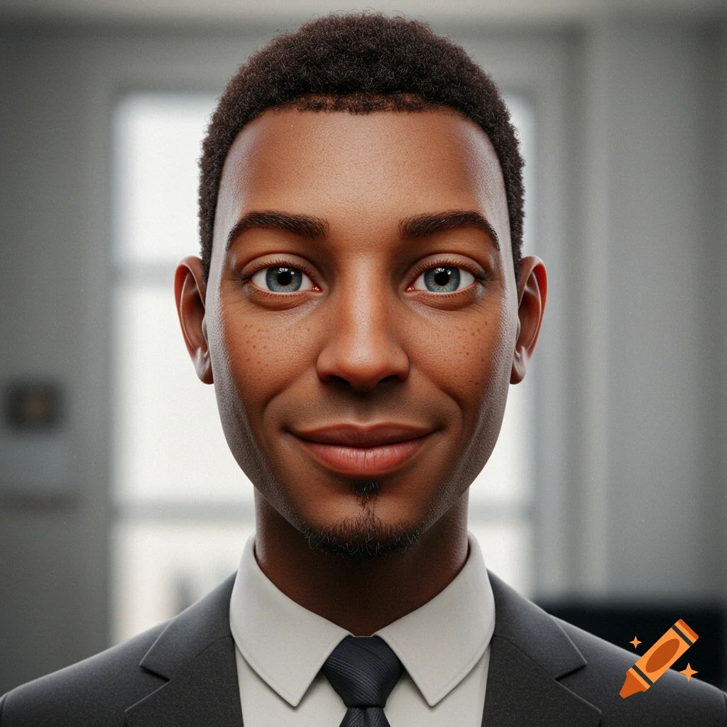 Photorealistic portrait of a smiling Black man in a suit and tie, with blue eyes and a goatee, against a blurred background.