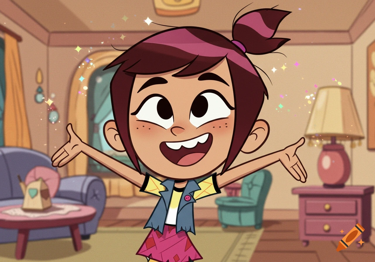 A cheerful cartoon girl with brown hair and purple streaks, arms outstretched and smiling, surrounded by sparkles in a living room.