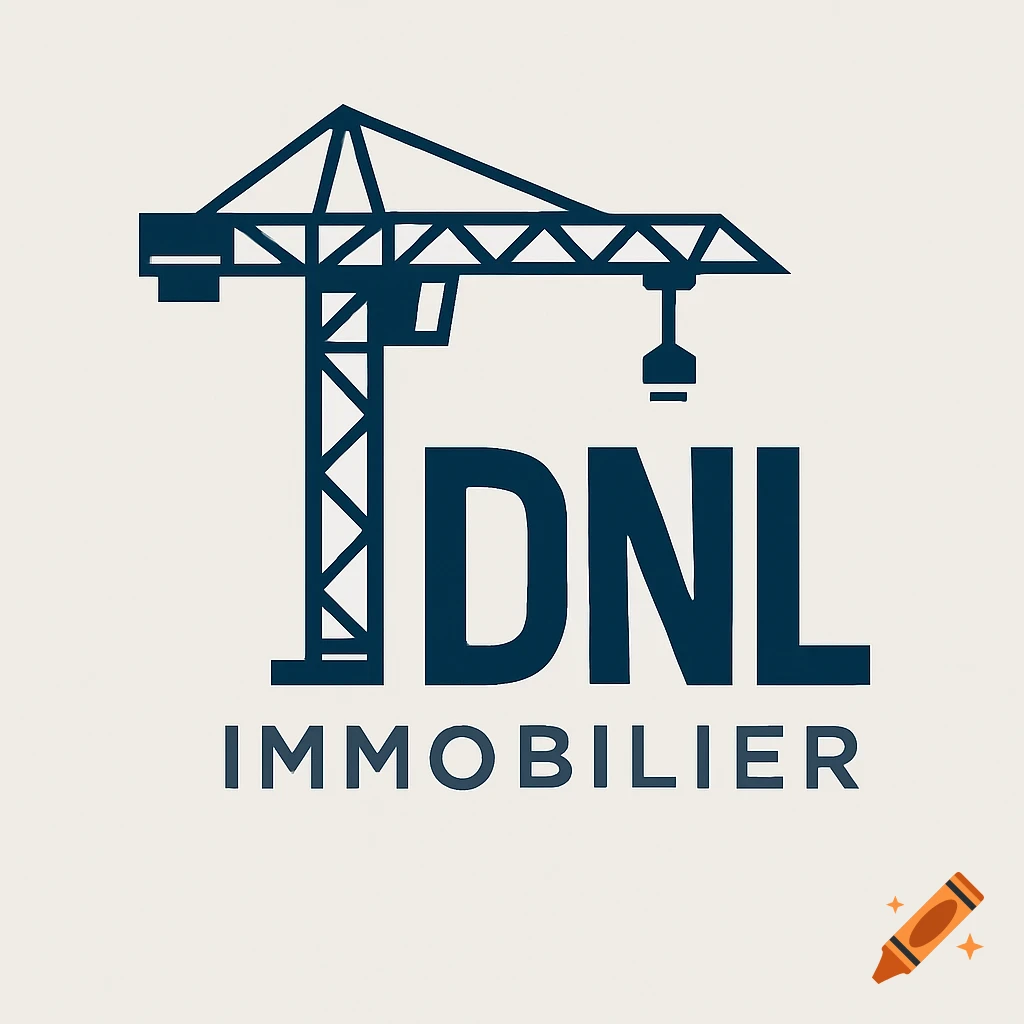A minimalist blue logo featuring a tower crane next to the large letters "DNL" and "IMMOBILIER" below, all on a light background.