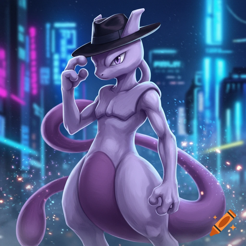 Mewtwo wearing a black fedora, tipping its hat in front of a neon-lit cyberpunk city, digital art.