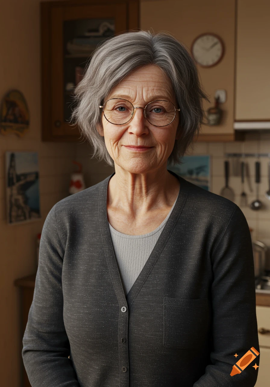 Photorealistic portrait of a smiling elderly woman with grey hair and glasses in a kitchen setting.