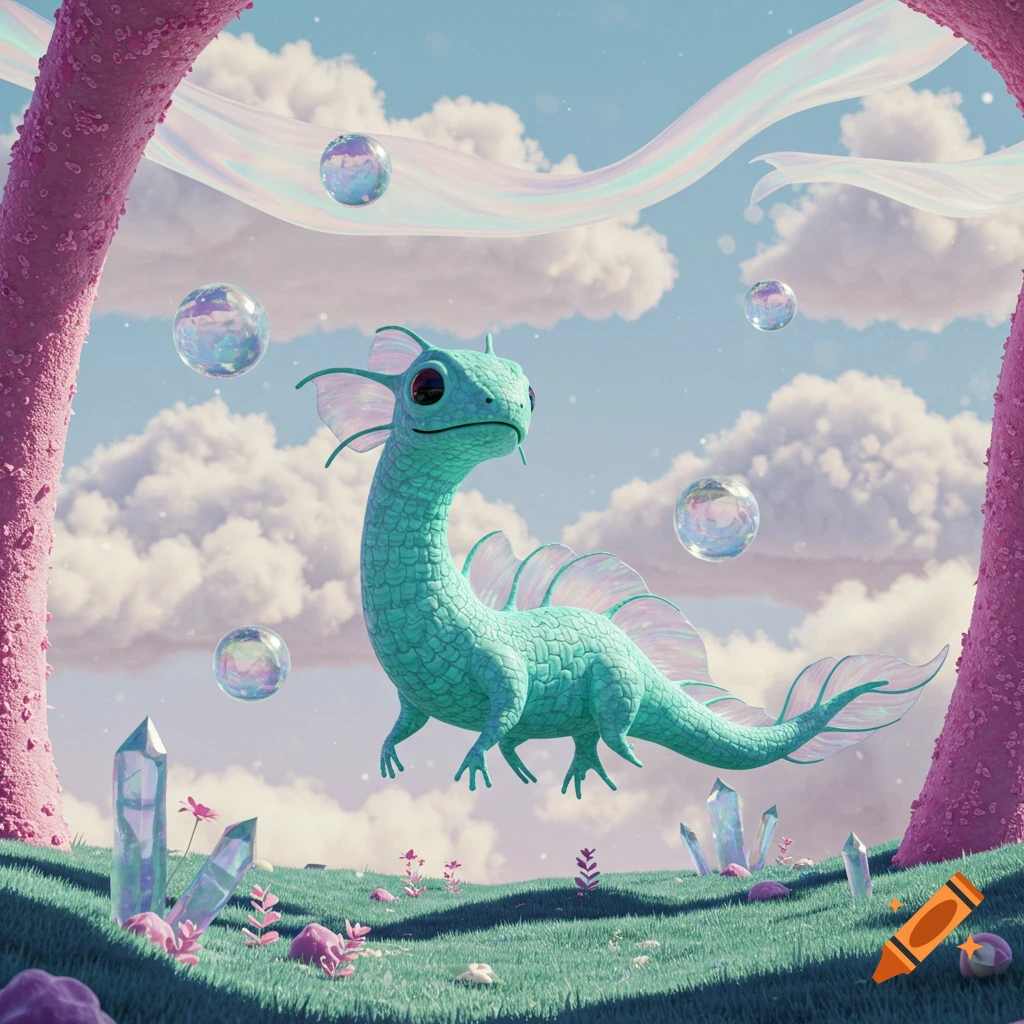A cute, turquoise lizard-like creature with fins floats in a whimsical landscape with pink arches, crystals, and bubbles under a cloudy sky.