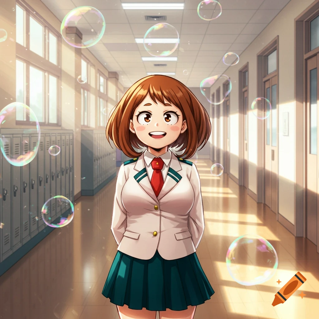 Anime character Ochako Uraraka stands smiling in a school hallway with bubbles floating around her.