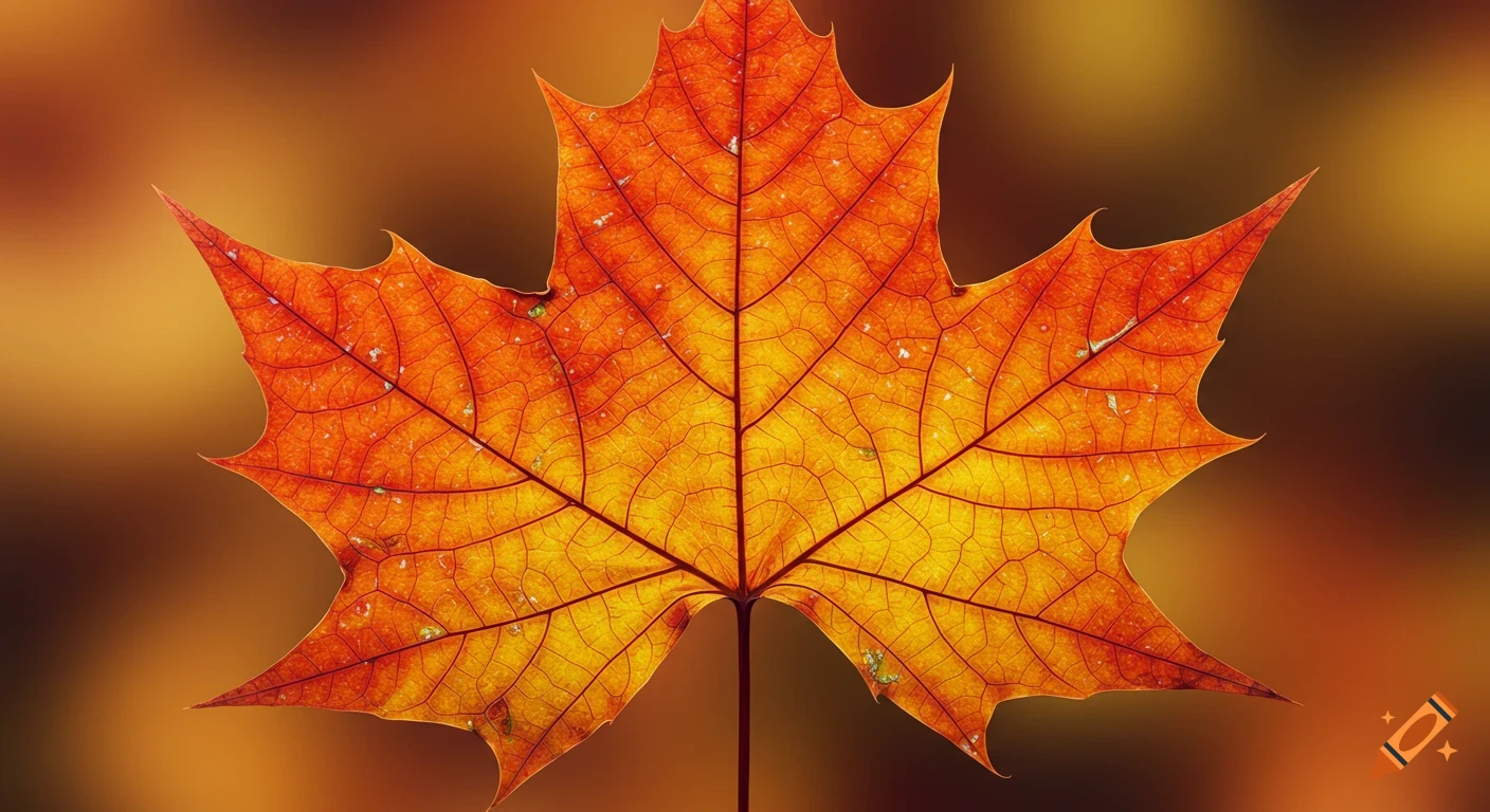 A vibrant orange and yellow maple leaf with intricate veins, back-lit against a warm, blurred background.