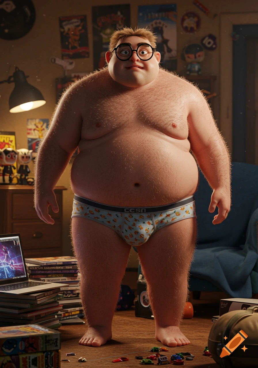 A portly, hairy male character with glasses in blue briefs stands in a messy room filled with posters, books, and toys, in a 3D animated style.