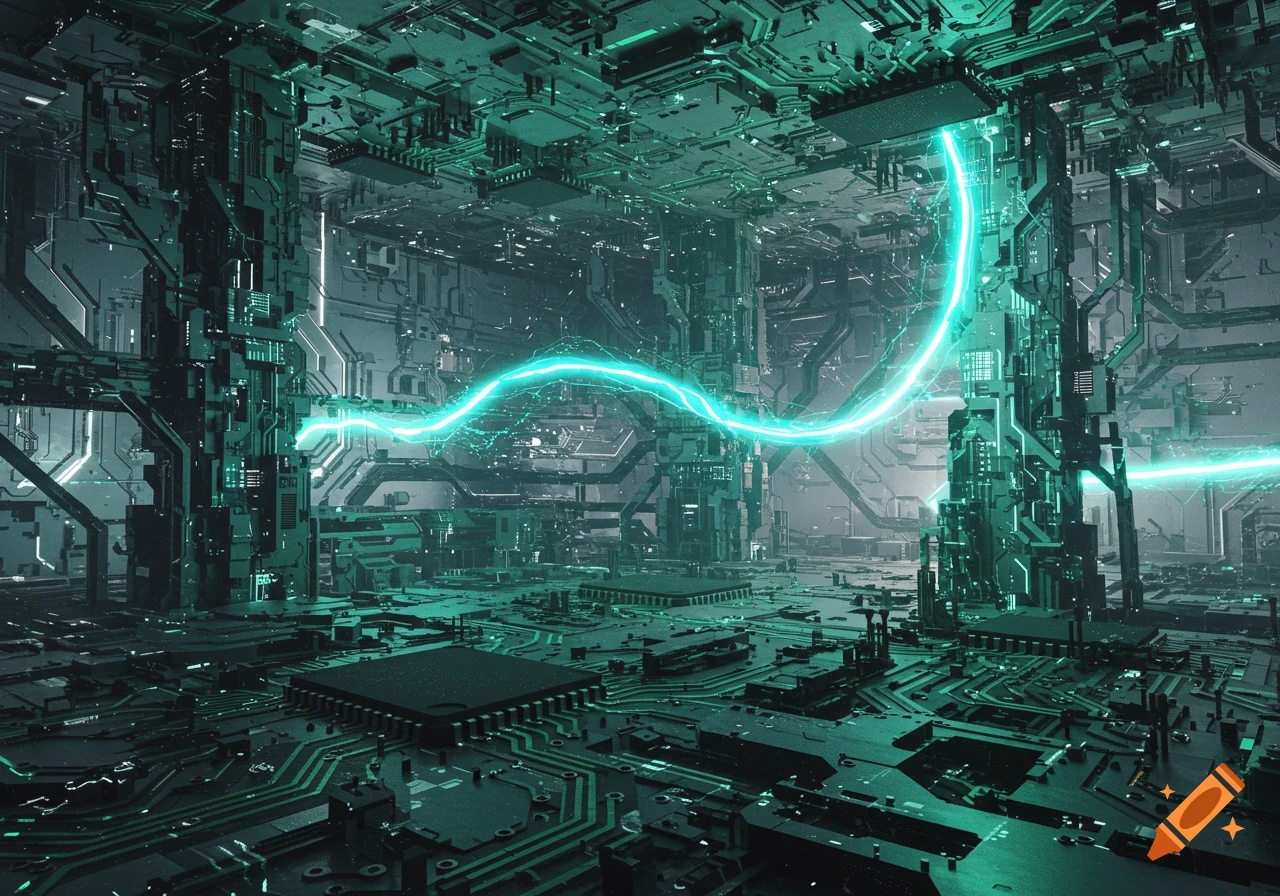 An intricate, futuristic circuit board glowing with cyan energy streams flowing through processors and complex pathways.