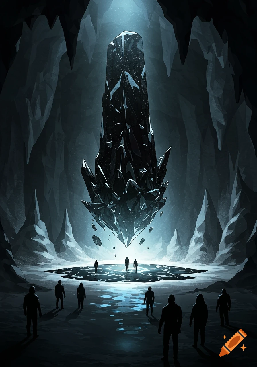 Manga-style illustration of a large, black crystalline monolith floating in a dark cave over an icy pool, with silhouetted figures watching.