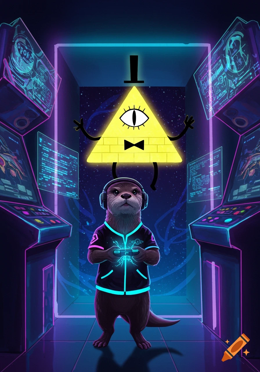 An otter in headphones and a glowing jacket plays a video game controller in a neon-lit arcade with Bill Cipher floating above.