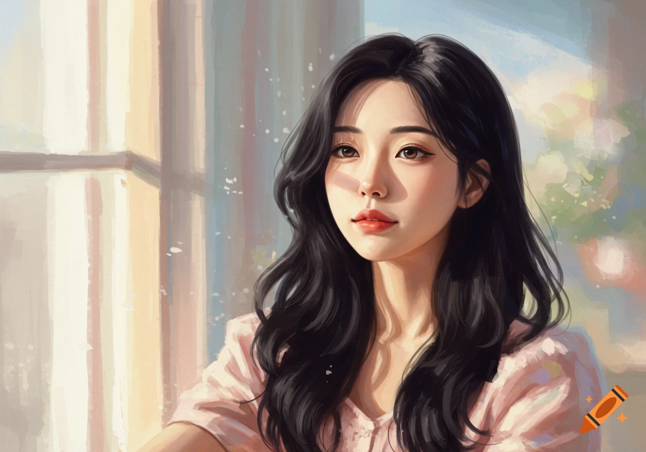 Impressionist painting of a young woman with long dark hair, bathed in soft light.