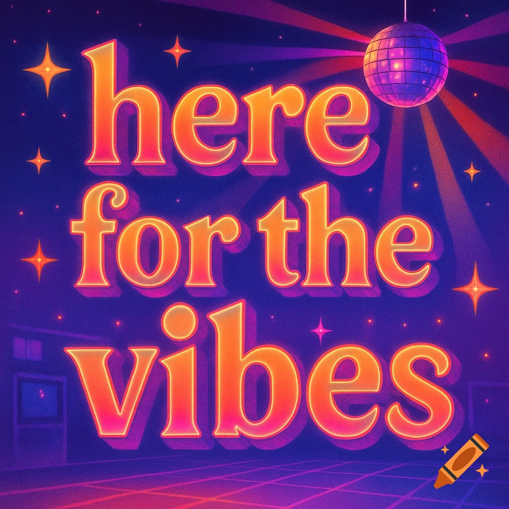 Orange retro text "here for the vibes" on a purple background with a disco ball and sparkling stars.