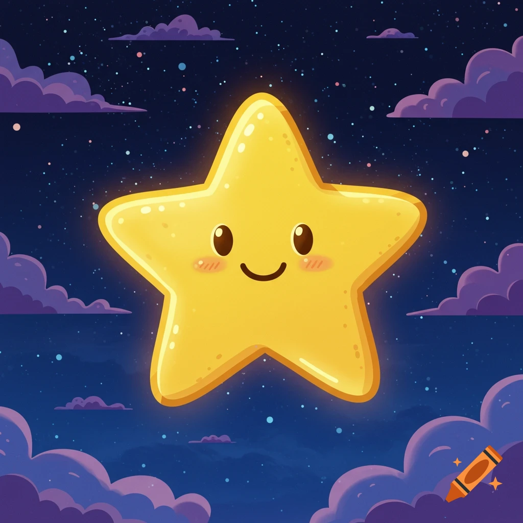A cheerful, glowing cartoon star with rosy cheeks floats in a dark blue starry night sky with purple clouds.