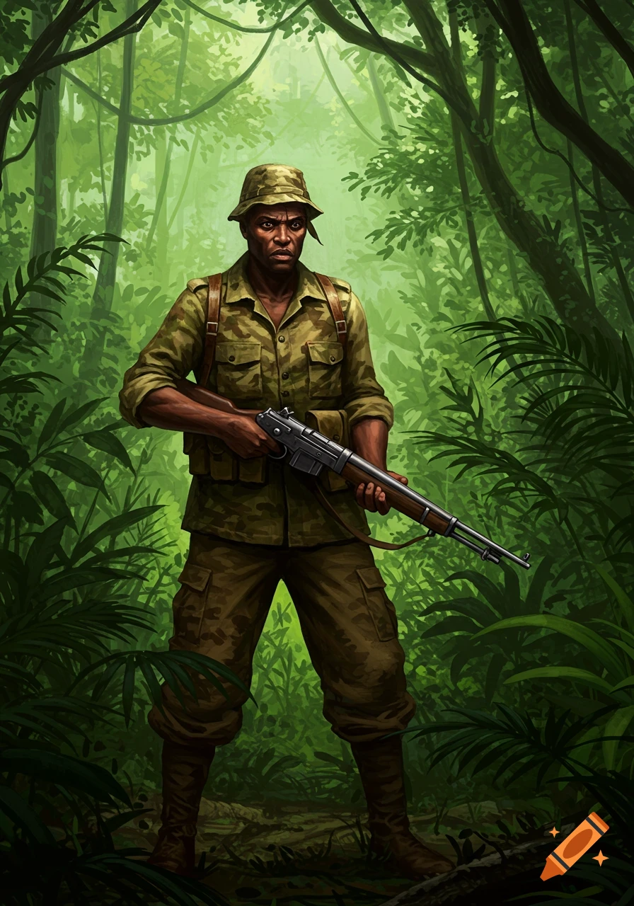 A dark-skinned soldier in camouflage uniform and boonie hat stands holding a rifle in a dense, green jungle.