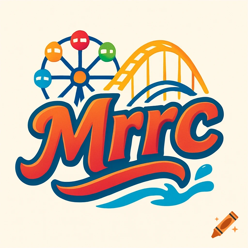 A colorful amusement park logo for 'Mrrc' with a Ferris wheel, roller coaster, and water splash graphic in a cartoon style.