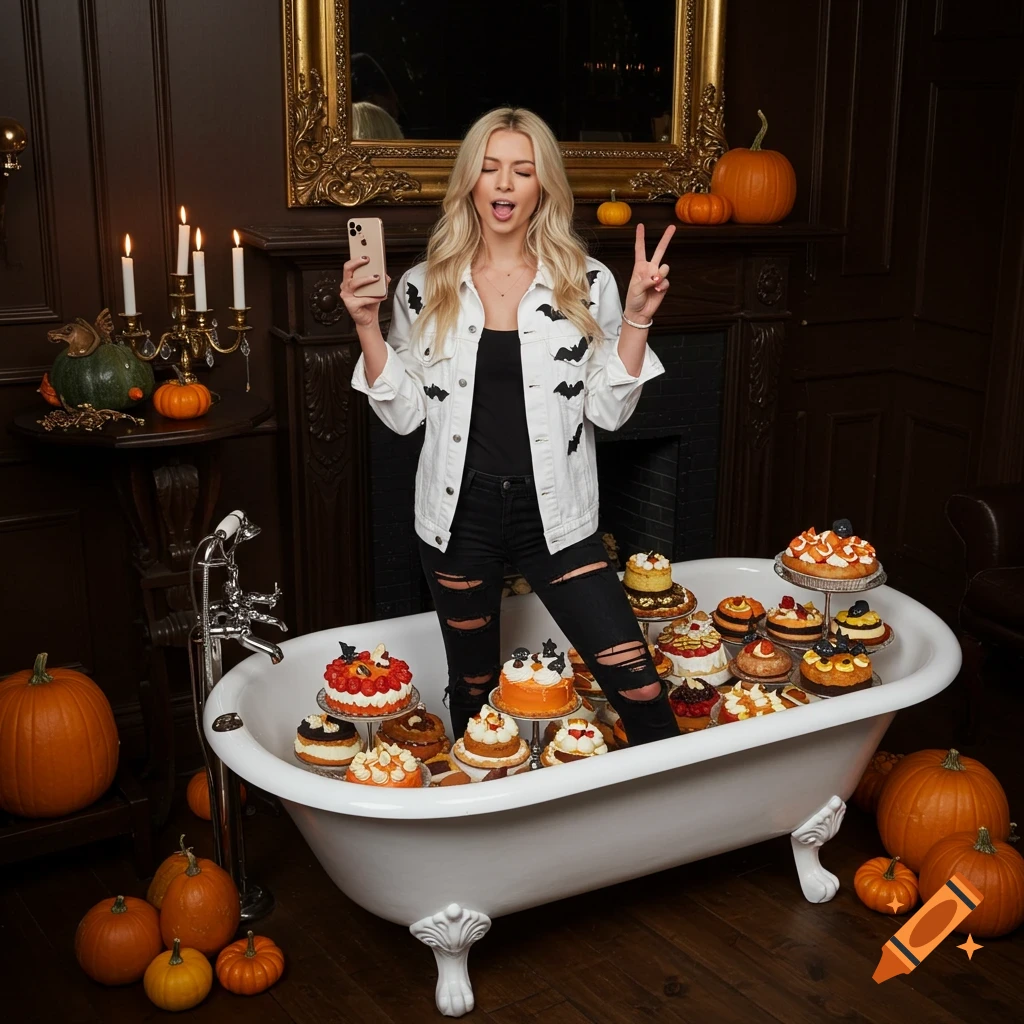 A blonde woman in a bat-patched jacket stands in a clawfoot tub filled with cakes, holding a phone and making a peace sign, in a cozy Halloween-themed room.