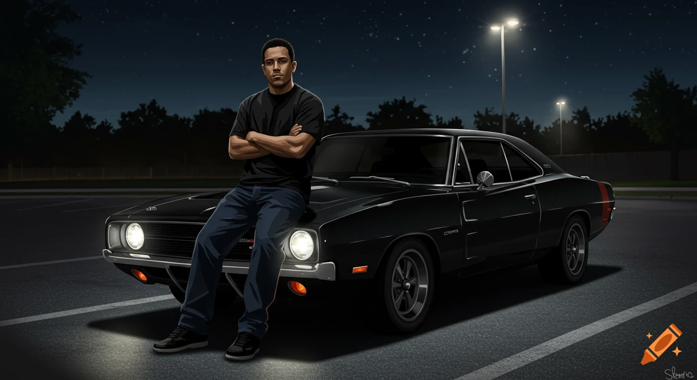 A young man with crossed arms leans on a black Dodge Charger in a parking lot at night, illuminated by streetlights in a digital art style.