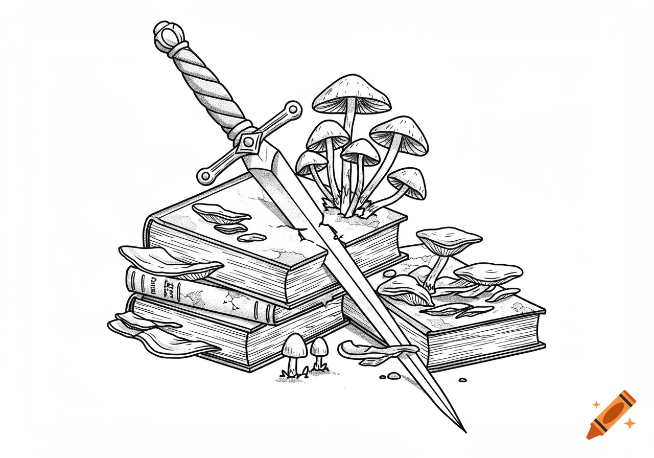 Black and white line art of a sword piercing old books with mushrooms, in a tattoo stencil style.